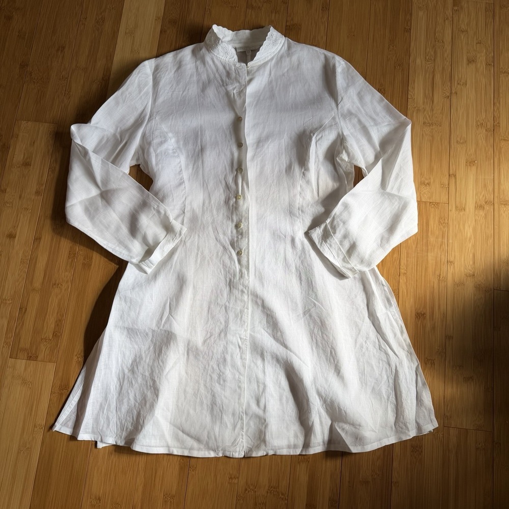 Ventilo Ramie Shirt Dress 44 White Button Front Embroidered Collar Long Sleeve